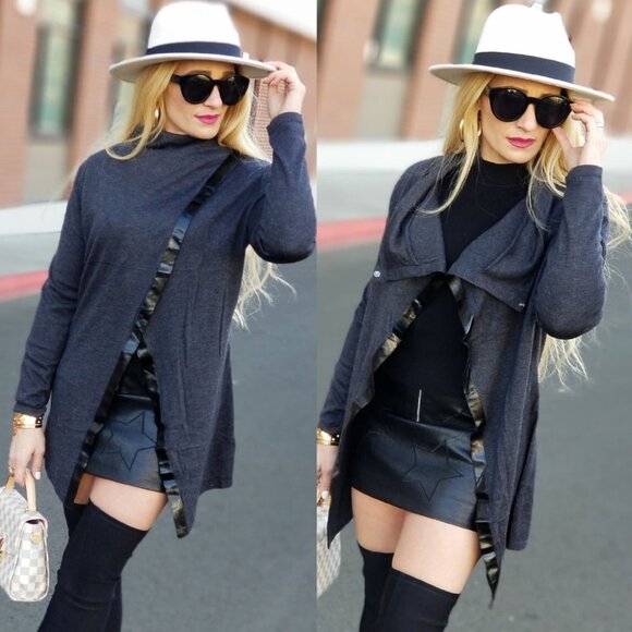 GRAY Sweater Cardigan with Black Trim Fall… - Picture 1 of 4